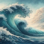 Stylized Korean art depicting mystical ocean waves with hints of ghostly mist and mermaid scales, sy...
