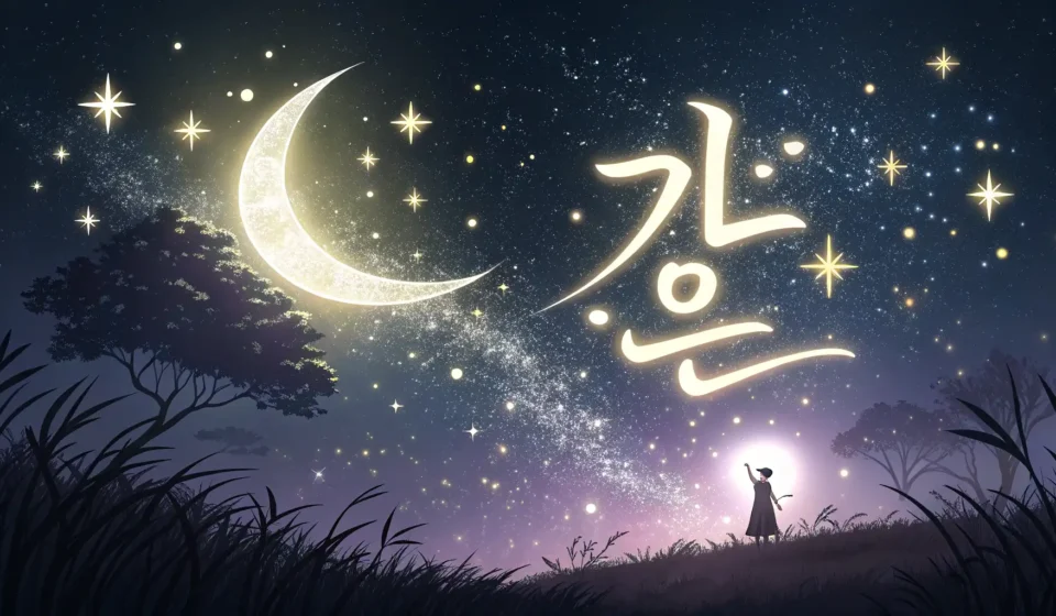 Stylized Korean Hangeul character 'hieut' glowing beneath a crescent moon, symbolizing learning Kore...