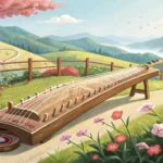 A Korean Gayageum instrument rests before a serene landscape with a traditional Hanok rooftop, repre...