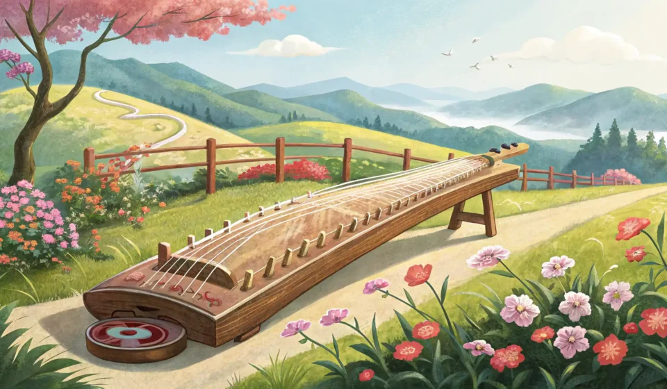 A Korean Gayageum instrument rests before a serene landscape with a traditional Hanok rooftop, repre...