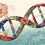 Stylized illustration combining a DNA helix with traditional Korean patterns, representing the conce...