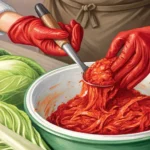 Close-up view of hands mixing Napa cabbage with red kimchi paste and ingredients during the traditio...