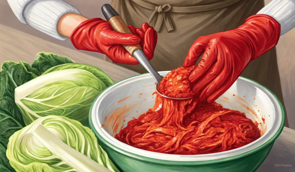 Close-up view of hands mixing Napa cabbage with red kimchi paste and ingredients during the traditio...