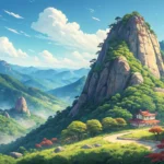 Illustration of a beautiful Korean mountain range, representing the topic of learning Korean vocabul...