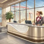 Illustration of a welcoming hotel reception desk interaction, symbolizing the process of checking in...