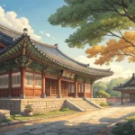 Illustration of a traditional Korean Hyanggyo building, showcasing classic Joseon Dynasty architectu...