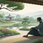 A person looking uncomfortable while sitting in a peaceful, traditional Korean setting, symbolizing...