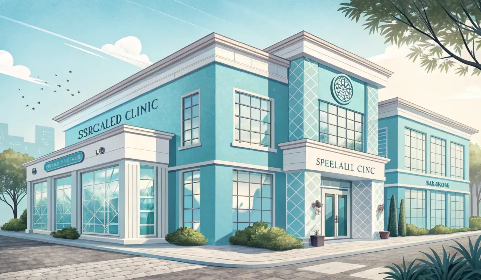 Illustration of a modern, clean building facade representing a specialized clinic, such as an implan...