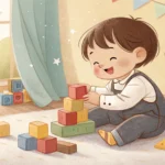 Illustration of a happy Korean toddler playing with blocks, representing the Korean learning topic a...