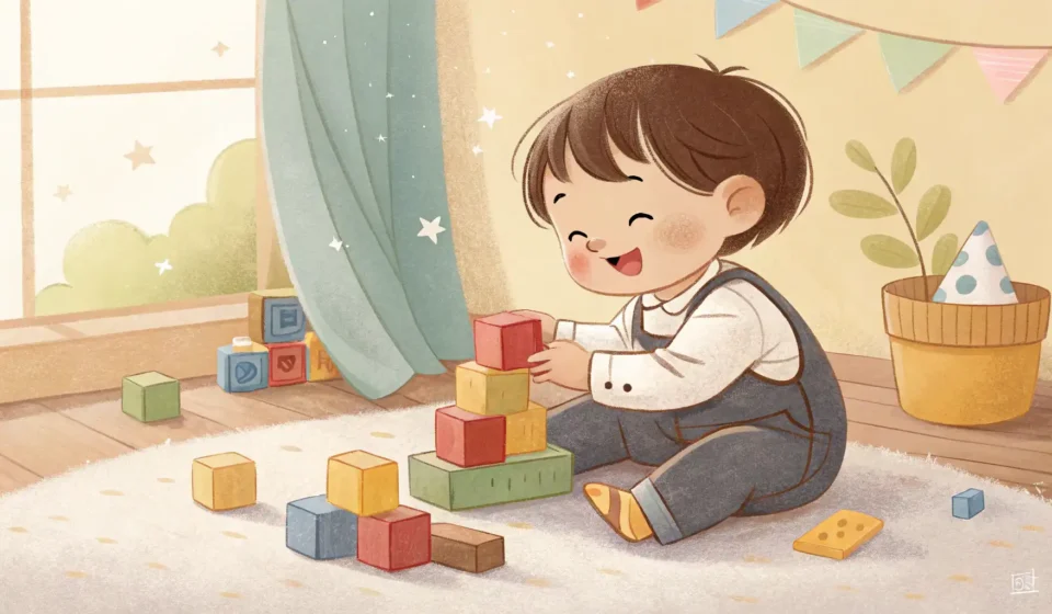 Illustration of a happy Korean toddler playing with blocks, representing the Korean learning topic a...