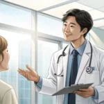 A Korean doctor in a bright consultation room discusses medical information, symbolizing learning Ko...