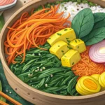 Overhead view of colorful, prepared Kimbap ingredients like carrots, spinach, radish, and egg arrang...