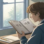 Illustration representing learning Korean medical vocabulary, showing a person with a notebook in a...
