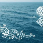 Stylized white Korean wave patterns resembling sound waves flow against a deep blue ocean background...