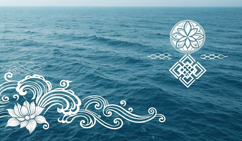 Stylized white Korean wave patterns resembling sound waves flow against a deep blue ocean background...