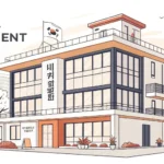 Illustration of a Korean apartment building beside a calendar icon, symbolizing the concept of month...
