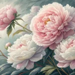 Vibrant pink and white peonies blooming profusely in a serene traditional Korean garden.