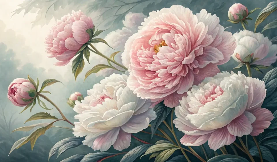 Vibrant pink and white peonies blooming profusely in a serene traditional Korean garden.