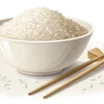 Minimalist illustration of a bowl of rice next to a green sprout, symbolizing rice protein for Korea...