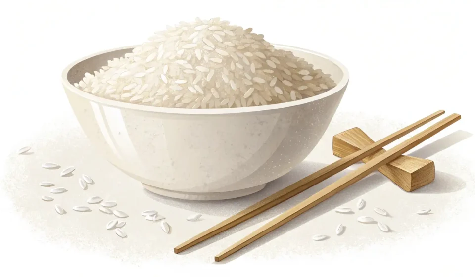 Minimalist illustration of a bowl of rice next to a green sprout, symbolizing rice protein for Korea...