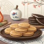 Two popular Korean snacks, shrimp crackers and Choco Pie, displayed on a wooden table, symbolizing a...