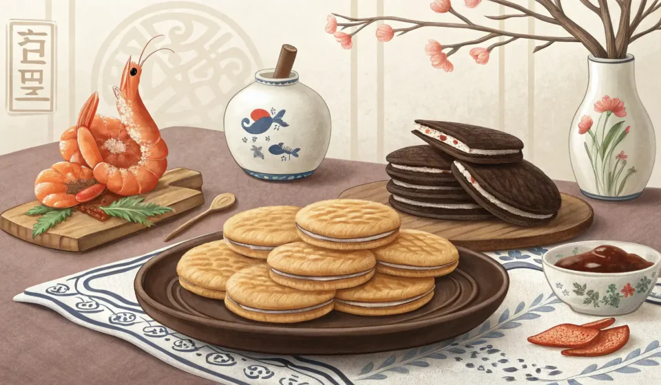 Two popular Korean snacks, shrimp crackers and Choco Pie, displayed on a wooden table, symbolizing a...