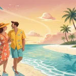 Illustration depicting a couple on a beach vacation visually debating which of two coral reefs is be...