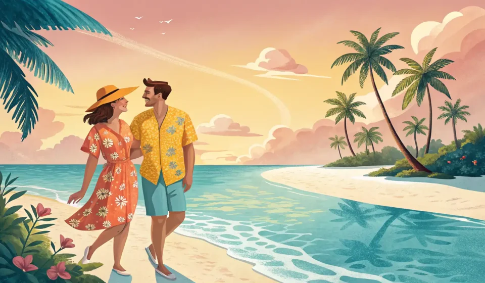 Illustration depicting a couple on a beach vacation visually debating which of two coral reefs is be...