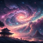 A vibrant nebula with Korean-inspired colors glows in space as a futuristic spaceship approaches, re...