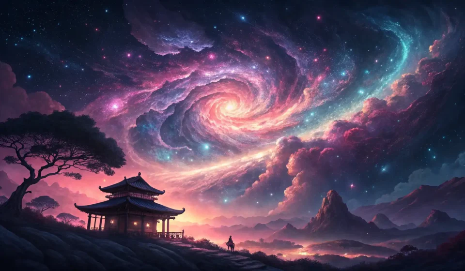 A vibrant nebula with Korean-inspired colors glows in space as a futuristic spaceship approaches, re...