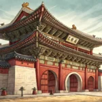 Illustration symbolizing state immunity in Korea, showing a traditional Korean palace gate protected...