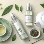 Minimalist flat lay of Korean skincare bottles, green tea tree leaves, and an oil droplet, represent...
