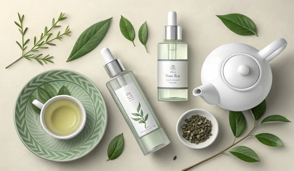 Minimalist flat lay of Korean skincare bottles, green tea tree leaves, and an oil droplet, represent...