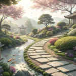 A peaceful stone pathway curves through a serene traditional Korean garden, symbolizing the journey...