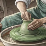 Hands shaping clay on a pottery wheel, representing the process of learning Korean traditional craft...