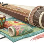 Illustration of traditional Korean musical instruments, including a Gayageum and Janggu, displayed i...