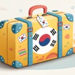 Illustration symbolizing travel insurance for Korea: a suitcase near Gyeongbok Palace with a protect...