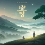 Abstract glowing Korean Hangul characters float above a misty Korean mountain scene with an ancient...