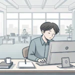 Two coworkers in a modern Korean office; one explains a problem with their slightly wobbly desk whil...
