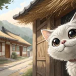 A cute cat next to a traditional Korean building, symbolizing the topic of learning the Korean word...
