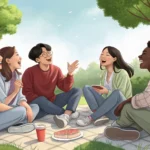 Illustration of a diverse group of young friends happily socializing together in a park in Seoul, re...