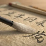 A traditional Korean calligraphy brush writing a Hangeul character on paper, symbolizing the process...