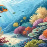 Illustration of a vibrant Korean underwater scene showing diverse marine life, symbolizing marine re...