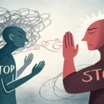Illustration of a hand gesturing 'stop' to mediate between two arguing figures on a Korean street, s...