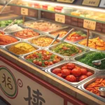 A colorful display counter at a Korean banchan shop filled with various traditional side dishes like...