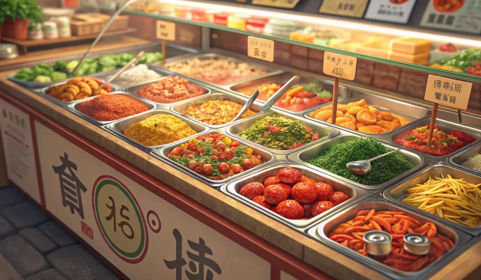 A colorful display counter at a Korean banchan shop filled with various traditional side dishes like...
