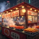 A brightly lit Korean street food stall at night displaying popular snacks like tteokbokki, twigim,...