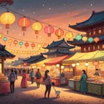 A lively Korean local festival at dusk, illuminated by colorful hanging paper lanterns, capturing th...