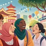Illustration depicting a diverse mix of foreigners and Koreans happily socializing at a cultural eve...