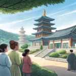 Illustration depicting diverse individuals respectfully observing near symbolic Korean religious bui...
